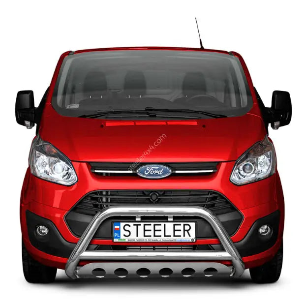 Frontbøyle på Ford Transit Custom 12-18 i stål, sett rett forfra med skiltet "STEELER".