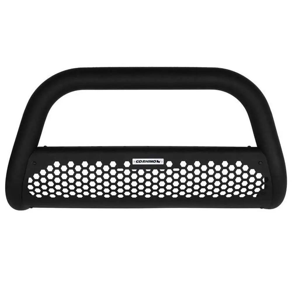 Frontbøyle Go Rhino RC2 til Nissan Navara, sort metall med sekskantet netting og lite merke foran.