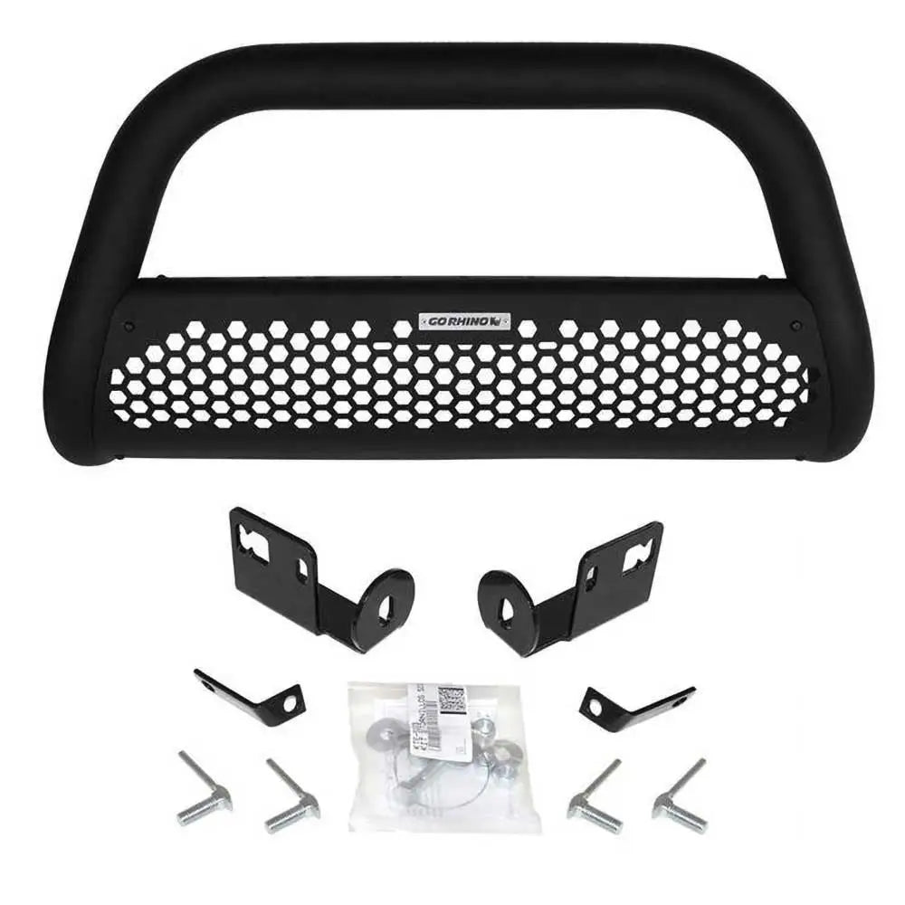 Kufanger Go Rhino RC2 til Nissan Navara, sort metall med netting og alt monteringsutstyr vist foran.