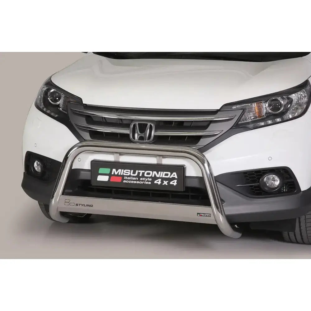 Frontbøyle Honda CR-V 12-15 montert på hvit SUV, sølvfarget metall med logo og skilt foran.