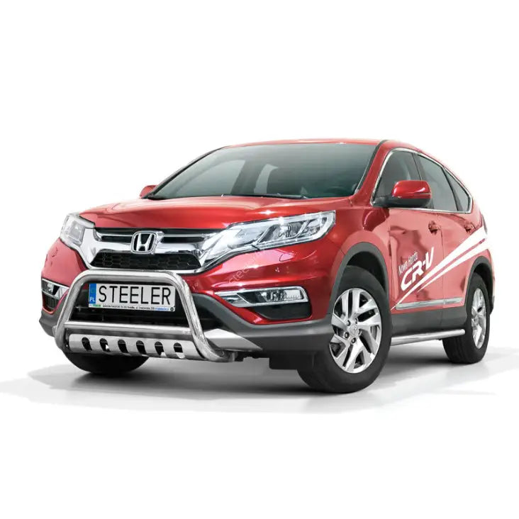 Frontbøyle Honda CRV 12-18 på rød SUV med krommet kufanger, sett fra venstre forhjørne.
