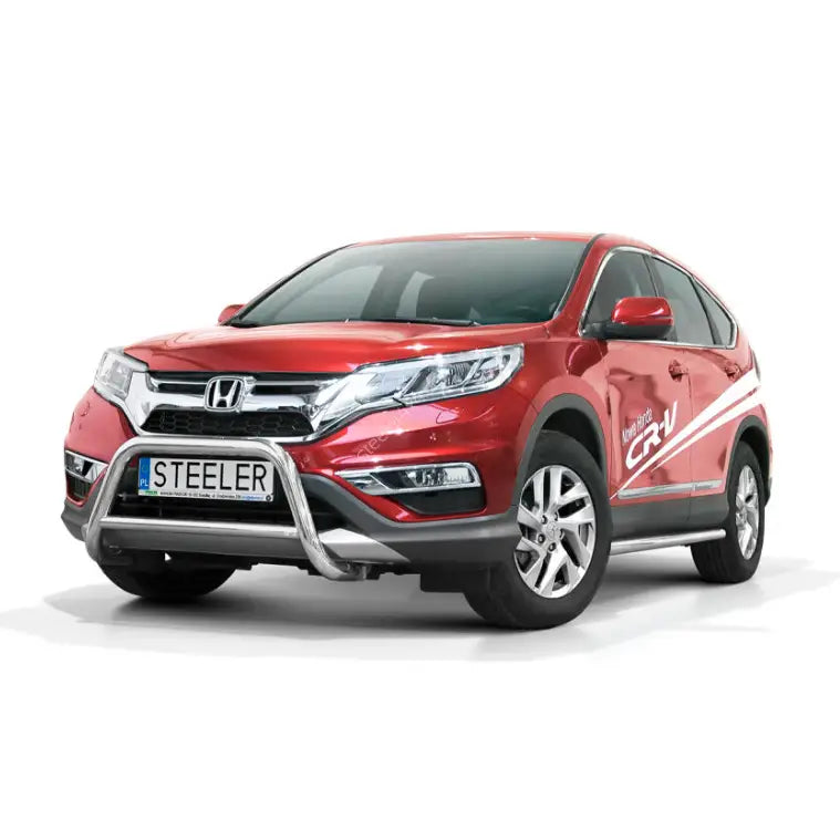 Frontbøyle Honda CRV 12-18 montert på rød SUV med sølv tverrør og sideskjørt, hvit bakgrunn.