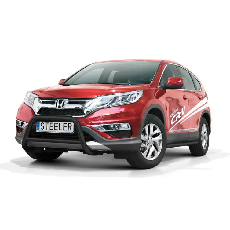 Kufanger på rød Honda CRV 12-18 med tverrør, sett skrått forfra, kromdetaljer og hvit dekor.