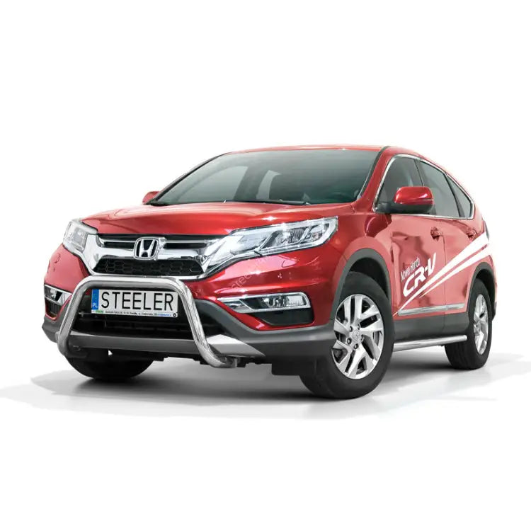 Frontbøyle Honda CRV 12-18 i stål montert på rød SUV med krom kufanger og hvite dekaler.