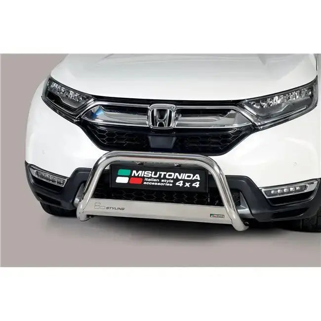 Frontbøyle Honda CRV Hybrid 2019 i sølvfarget metall montert på hvit SUV sett forfra.