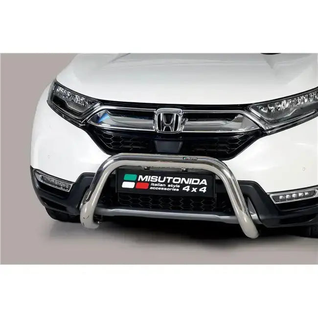 Frontbøyle Honda CRV Hybrid 2019 SB montert på hvit bil, sølvfarget metall foran grillen.