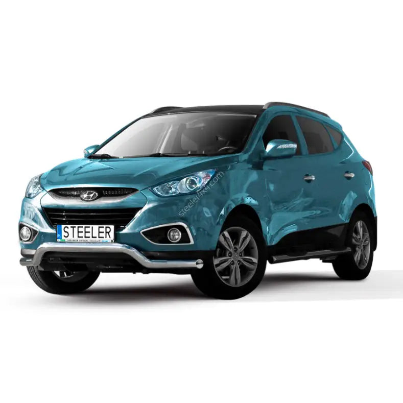 Frontbøyle Hyundai Ix35 09-15 lav montert på turkis SUV med sølvfarget kufanger og svarte felger.