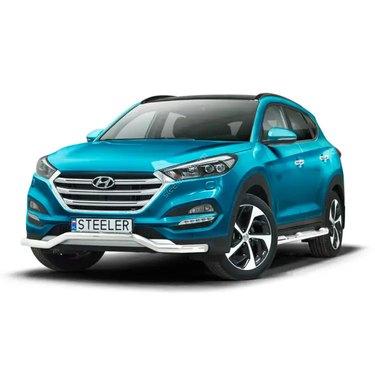 Frontbøyle Hyundai Tucson 15-18 med sølv beskyttelsesrør foran og på sidene, sett skrått forfra.