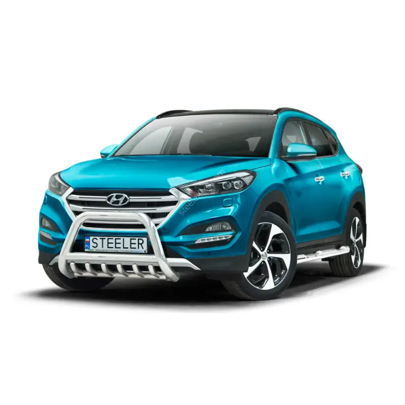 Frontbøyle Hyundai Tucson 15-18 EC godkjent montert på turkis SUV med sølv kufanger og stigbrett.