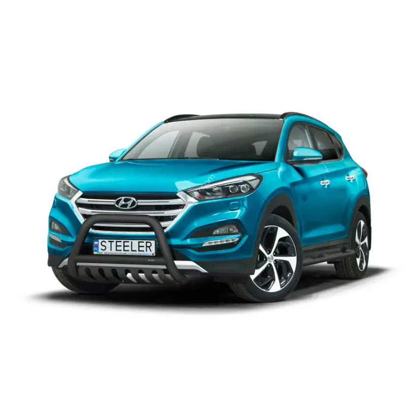 Kufanger til Hyundai Tucson 15-18 montert foran på turkis SUV med kromdetaljer og store felger.