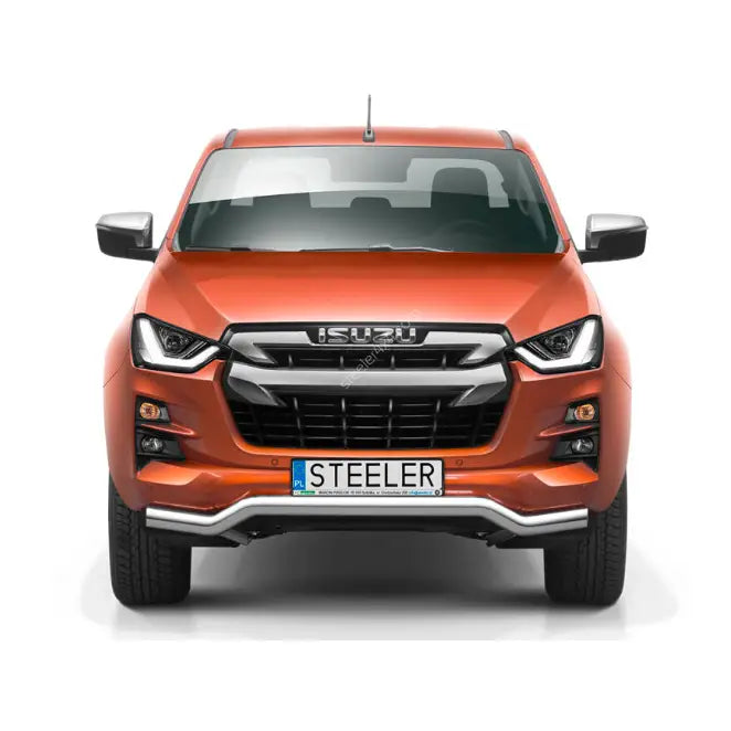 Frontbøyle Isuzu D-Max 20- EC godkjent lav montert på oransje pickup sett forfra.