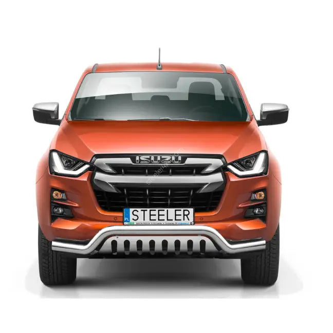 Frontbøyle Isuzu D-Max 20- EC godkjent lav montert på oransje pickup med LED-lykter og kromspeil.