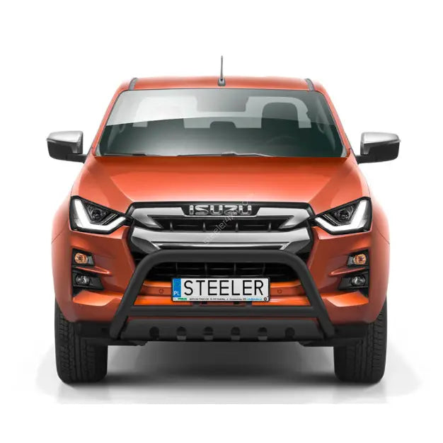 Kufanger på oransje Isuzu D-Max pickup med EC godkjent plate og synlig ISUZU-logo foran.