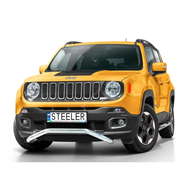 Frontbøyle på Jeep Renegade 14-18 EC godkjent lav, montert foran på gul SUV med svarte detaljer.