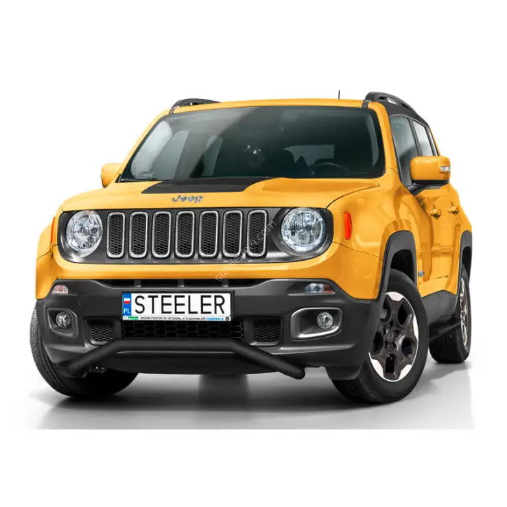 Kufanger til Jeep Renegade 14-18, svart frontbøyle montert på gul SUV i studio.