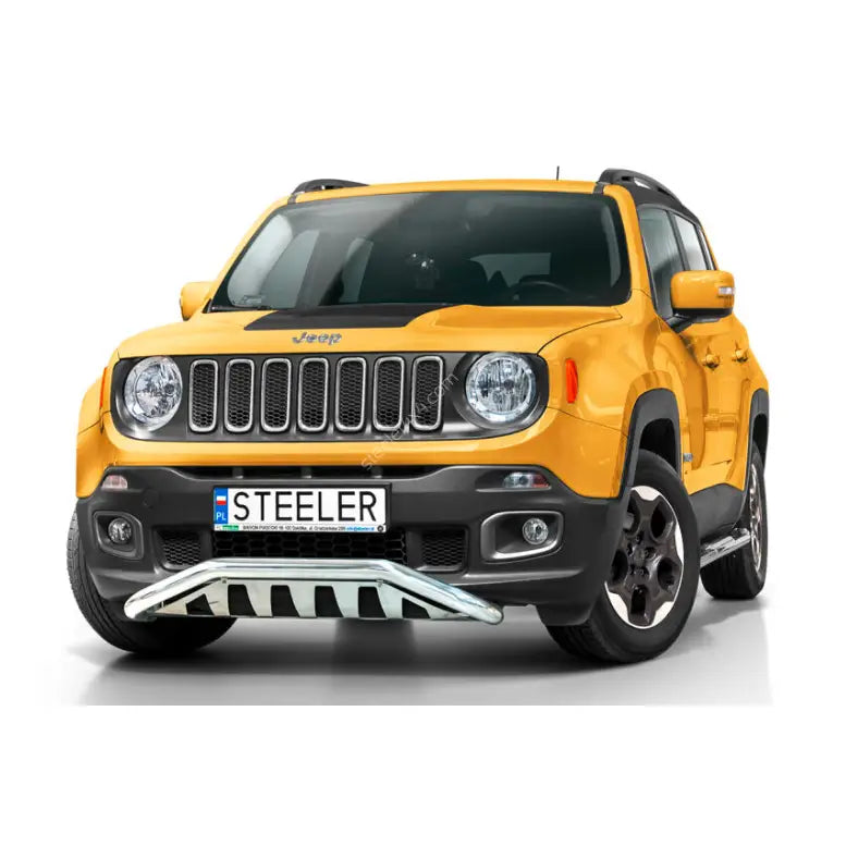 Frontbøyle på Jeep Renegade 14-18, sølvfarget kufanger foran gul SUV med sorte detaljer.