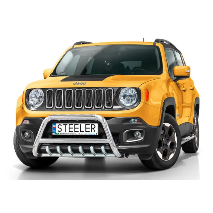 Frontbøyle Jeep Renegade 14-18 i krom montert foran på gul SUV med svarte detaljer.