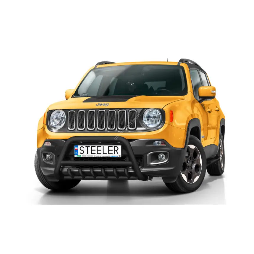 Kufanger til Jeep Renegade 14-18 med grill, vist på gul SUV med sorte detaljer og beskyttelsesgitter.