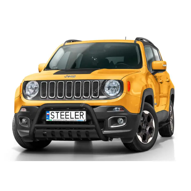 Kufanger til Jeep Renegade 14-18, svart modell montert foran på gul SUV med runde frontlykter.