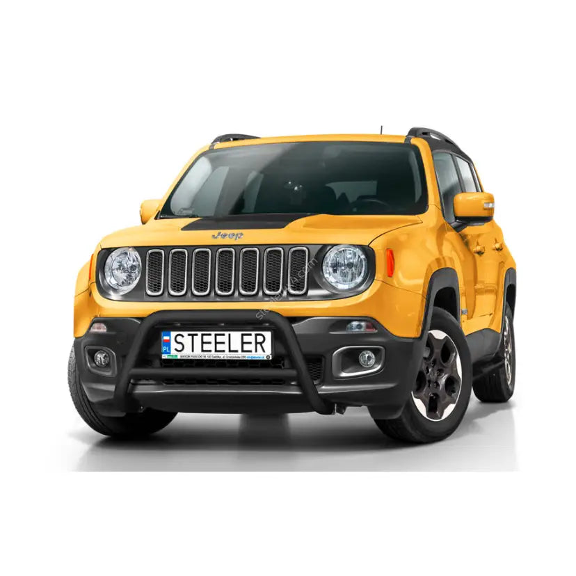 Kufanger til Jeep Renegade 14-18, montert foran på gul SUV med svarte detaljer og tverrør.