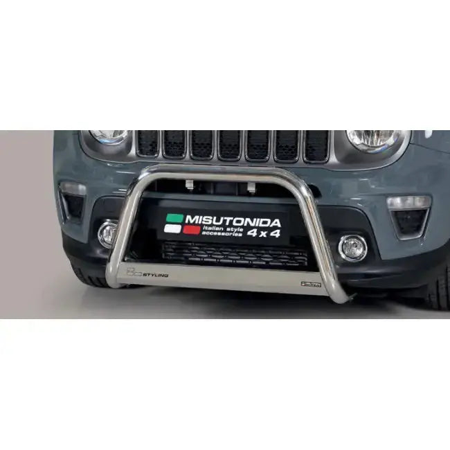 Frontbøyle til Jeep Renegade 2018/2019 med sølvfarget metallkufanger montert foran grillen.