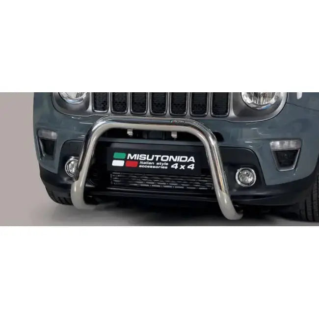 Frontbøyle til Jeep Renegade 2018/2019 i forkrommet metall montert på mørk SUV, sett rett forfra.