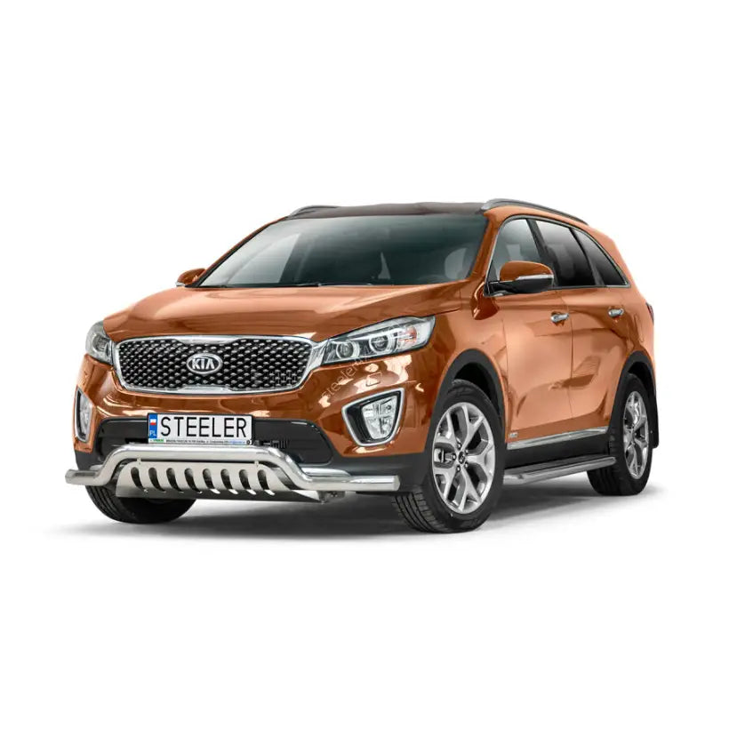 Frontbøyle Kia Sorento 15-18 EC godkjent lav med plate på bronsefarget SUV med kromdetaljer.