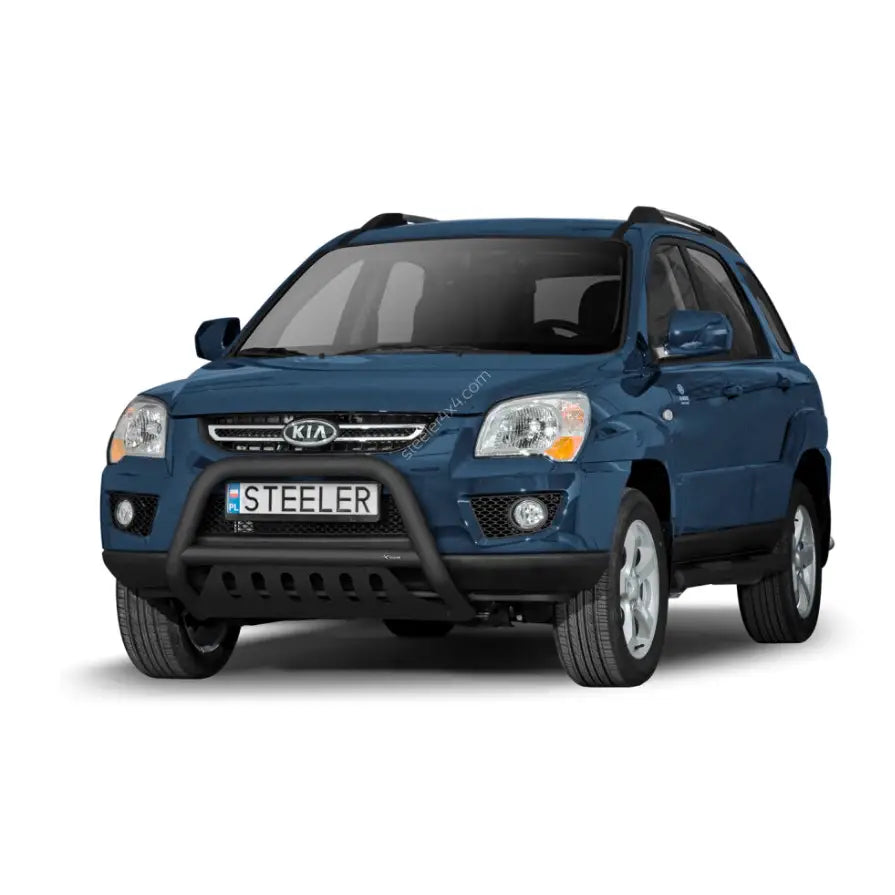 Kufanger på blå Kia Sportage 06-10 med EC godkjenning, vist skrått forfra med sølvfelger.