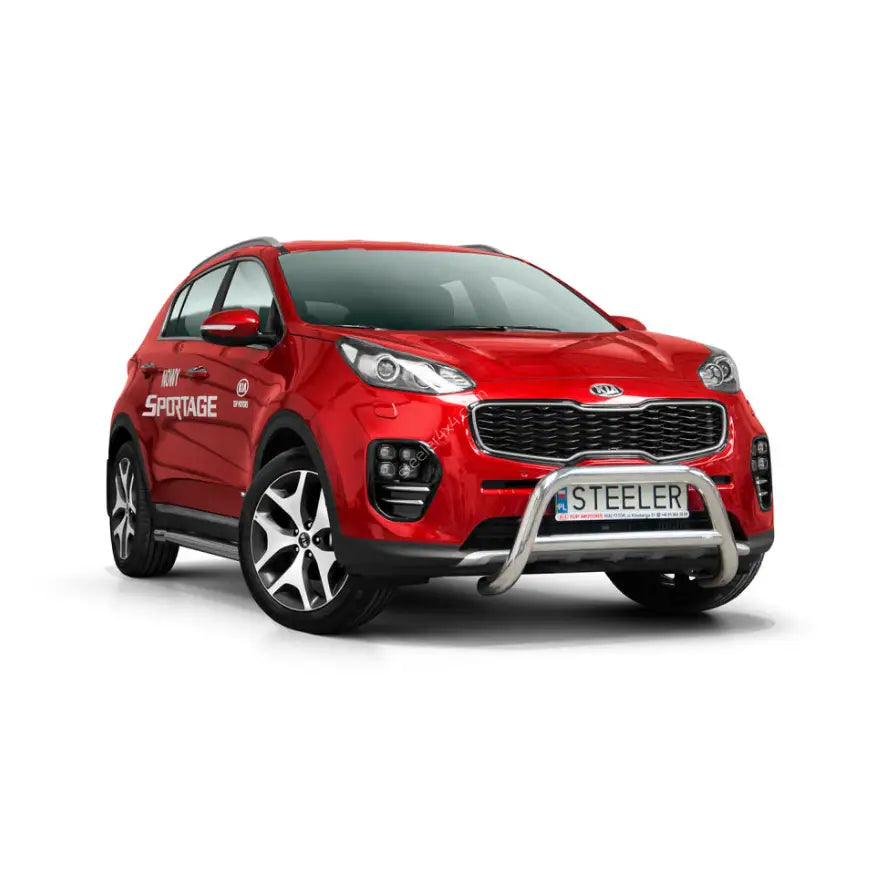 Frontbøyle Kia Sportage 15-18 EC godkjent montert på rød SUV med sølvfelger og kromfarget kufanger.