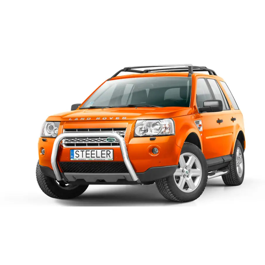Frontbøyle Land Rover Freelander 07-14 montert på orange SUV med sølv kufanger og takstativ.