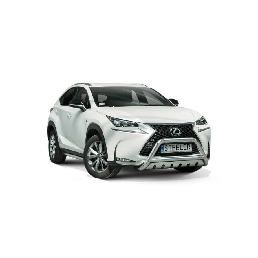 Frontbøyle på Lexus NX F-Sport 14-20 EC godkjent, krommet kufanger foran på hvit SUV.