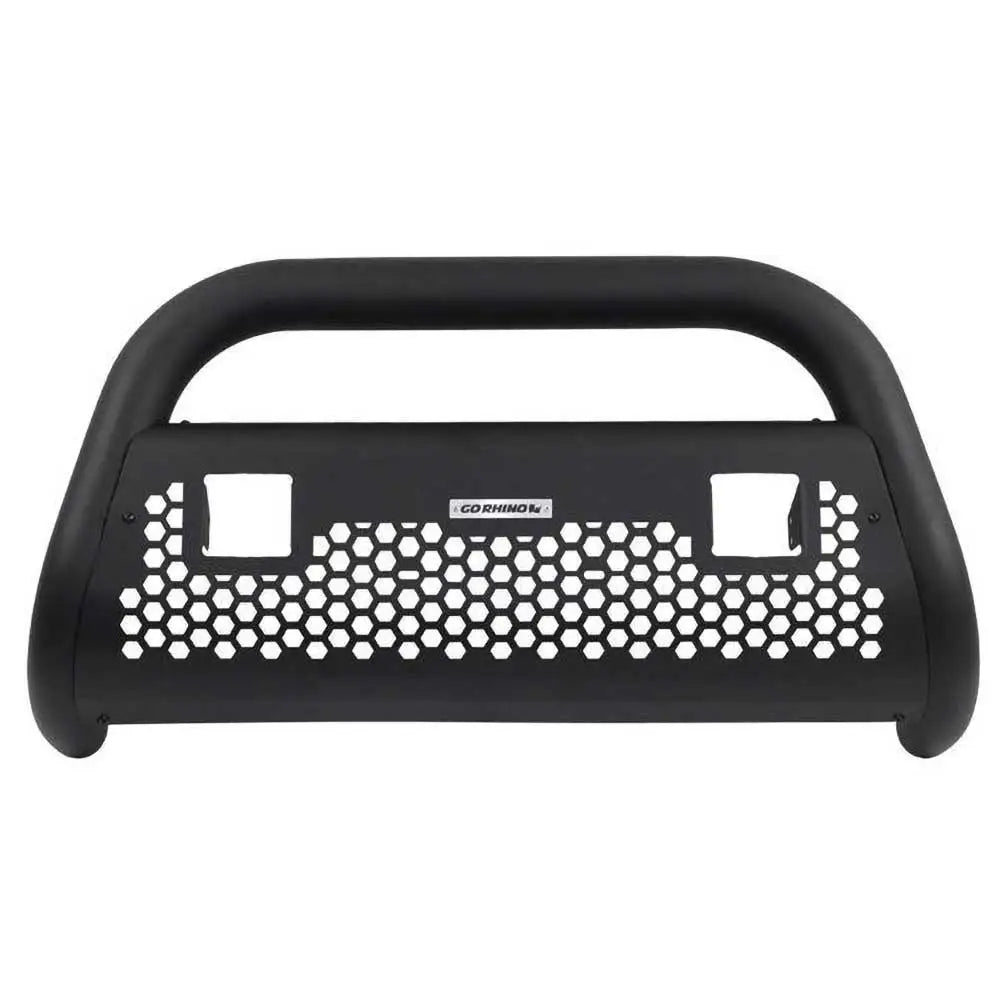 Frontbøyle Go Rhino RC2 til Dodge RAM 1500 DS, sort med sekskantgitter og to LED-kubeåpninger, forfra.