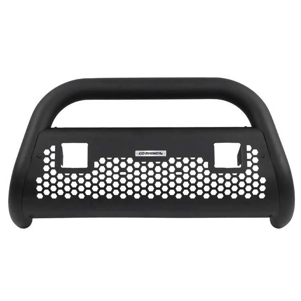 Frontbøyle til Toyota Hilux Revo med sekskantet gitter og to LED-lyshull, sett rett forfra.