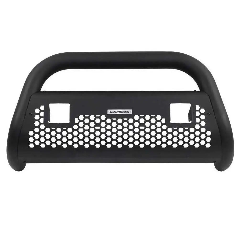 Frontbøyle til Toyota Tundra 14-21 i sort metall med sekskantet gitter og to LED-lyskubeåpninger.