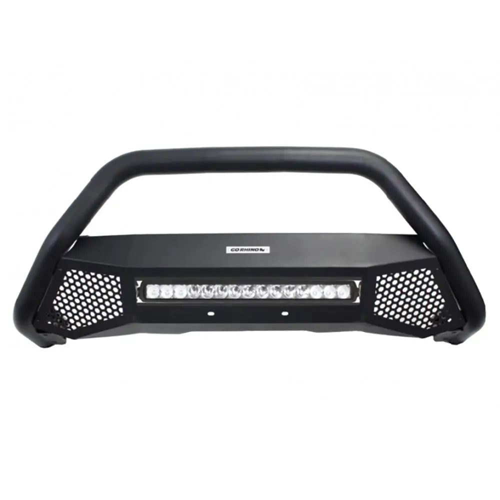 Kufanger Go Rhino RC4 sort metall med LED-lyslist og sekskantet netting, sett rett forfra.