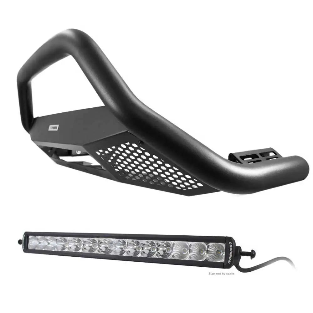 Kufanger Go Rhino RC4 med 20" LED-lyslist, sett skrått forfra på svart perforert metallbøyle.