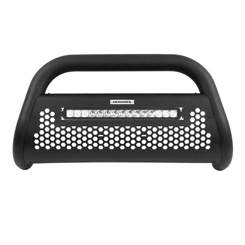 Lyktebøyle Go Rhino RC2 20" til Dodge RAM 3500, sort med LED-stripe og sekskantede hull.