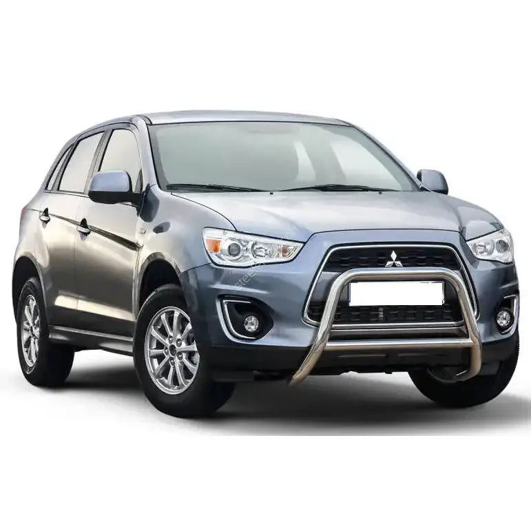 Frontbøyle Mitsubishi ASX 12-16 EC godkjent med tverrør på grå SUV med aluminiumsfelger.