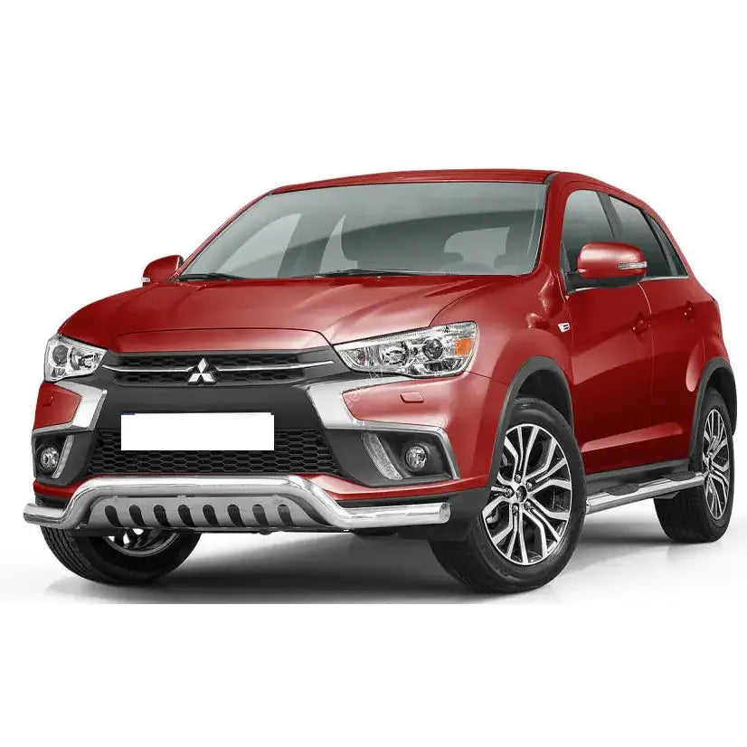 Frontbøyle Mitsubishi ASX 17-19 lav modell med sølv detaljer på rød SUV, sett skrått forfra.