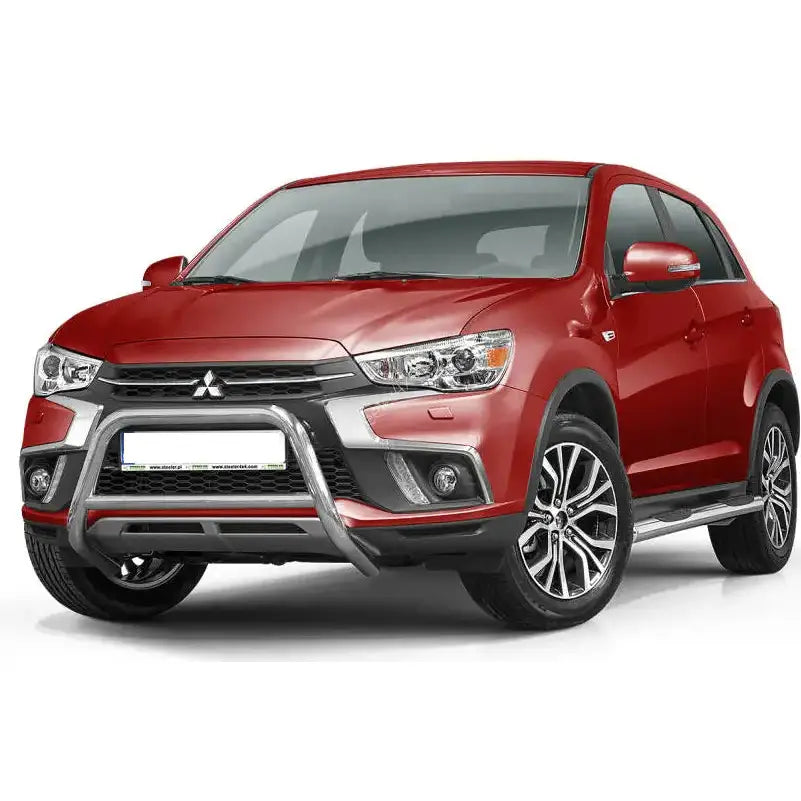 Frontbøyle Mitsubishi ASX 17-19 EC godkjent med sølvfarget tverrør på rød SUV, sett skrått forfra.