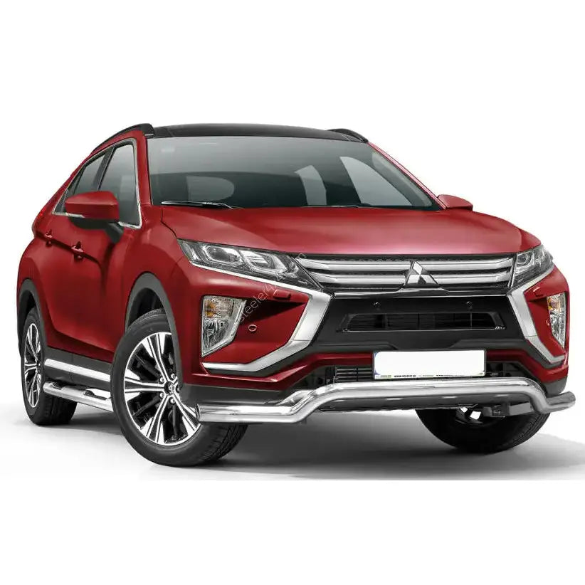 Frontbøyle Mitsubishi Eclipse Cross 17- EC godkjent lav montert på rød SUV med kromdetaljer.