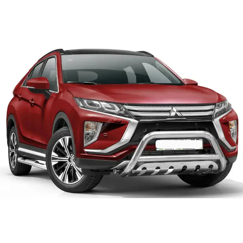 Frontbøyle på Mitsubishi Eclipse Cross 17- med EC godkjenning og metall kufanger, sett skrått forfra.