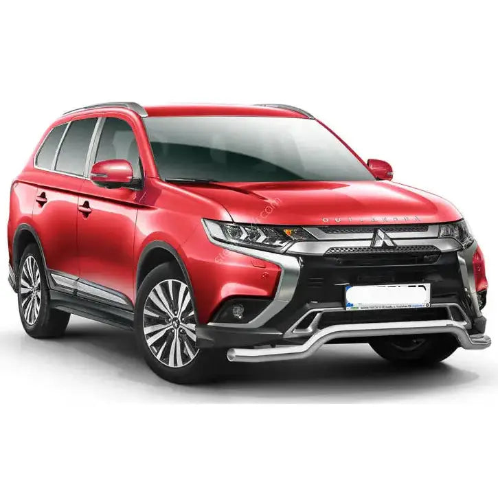 Frontbøyle Mitsubishi Outlander 18- EC godkjent lav montert på rød SUV med sølvdetaljer.