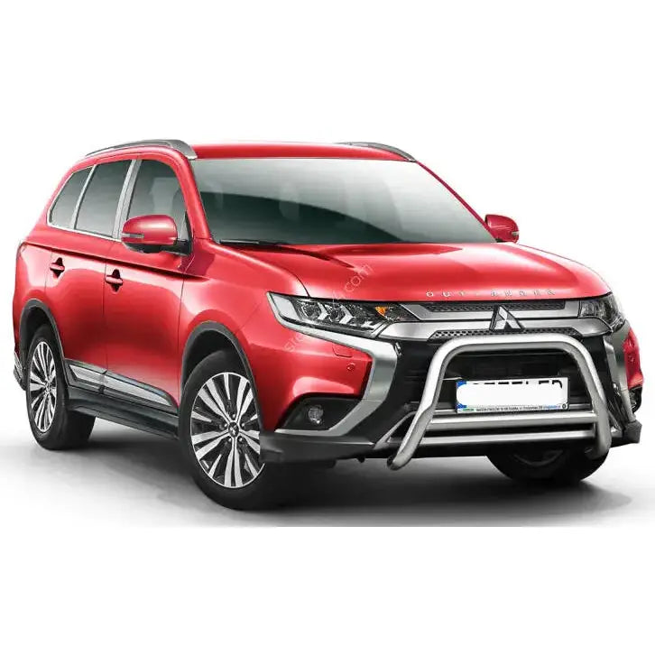 Frontbøyle Mitsubishi Outlander 18- EC godkjent med tverrør montert på rød SUV med sølvdetaljer.