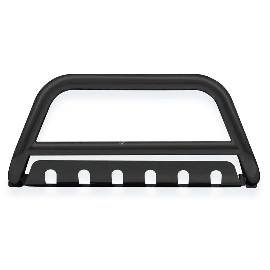 Kufanger Nissan Navara 10-15 EC godkjent, svart med beskyttelsesplate og buede utsparinger, sett forfra.