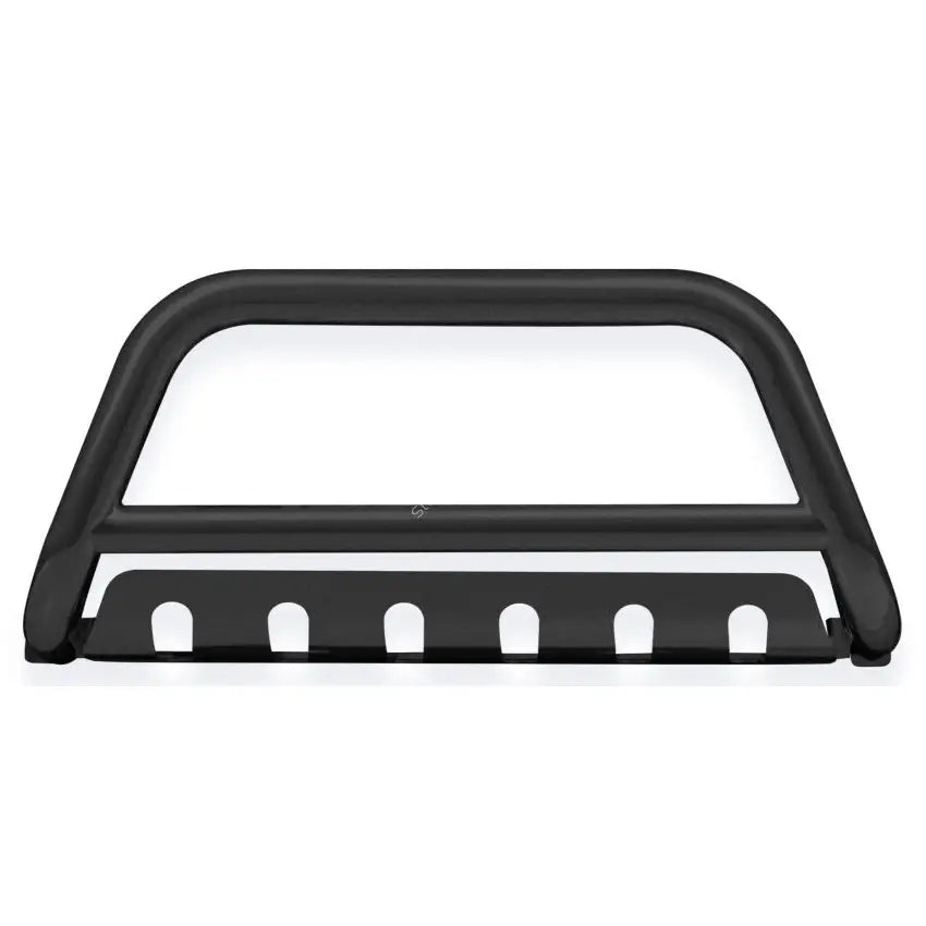 Kufanger Nissan Pathfinder 05-10 i sort metall med avrundede hjørner og perforert plate med seks åpninger.