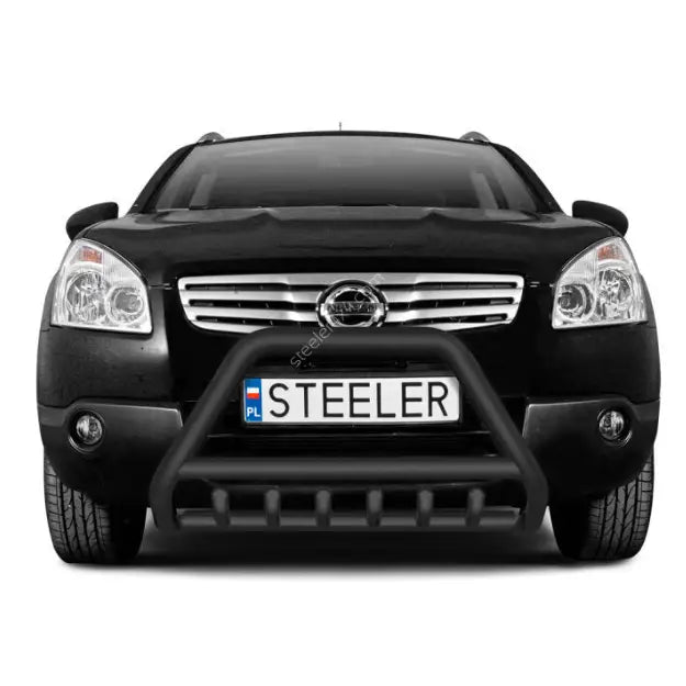 Kufanger til Nissan Qashqai 07-10 med EC-godkjenning, svart metall med grill sett forfra.