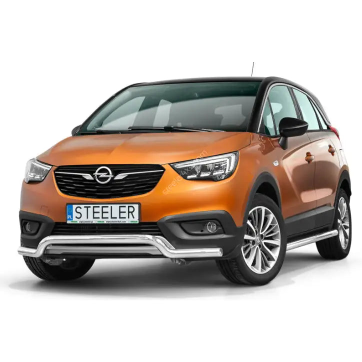 Frontbøyle Opel Crossland X 17-20 EC godkjent, montert på oransje SUV med sølvfarget kufanger.