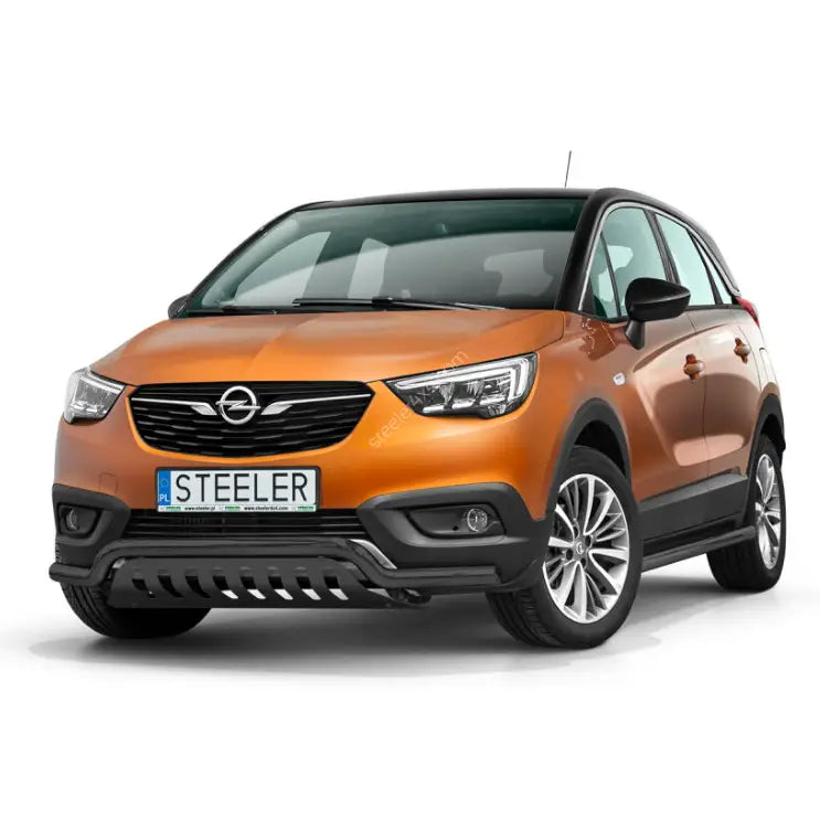 Kufanger til Opel Crossland X 17-20, lav modell med sølvfarget plate, montert på oransje SUV.