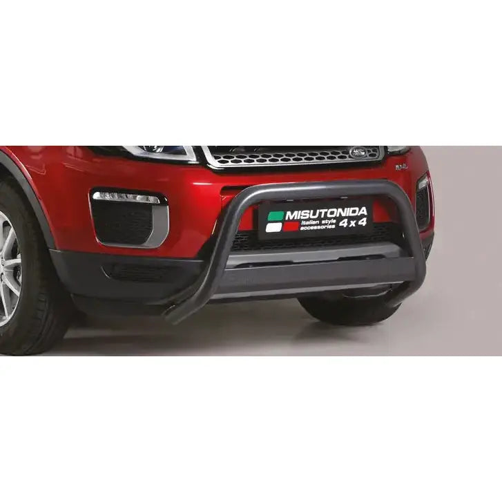Kufanger Range Rover Evoque 16-18 EC godkjent medium bar montert på rød SUV, skrå frontvisning.